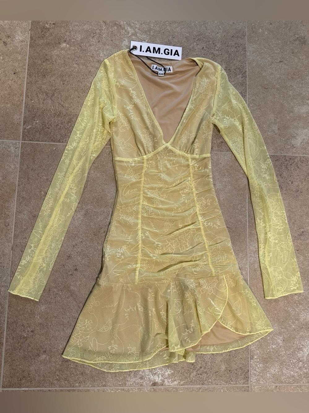 I.AM.GIA Yellow Lace Long-Sleeve Mesh Dress